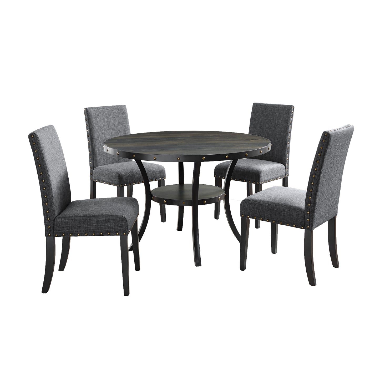 Roundhill Furniture Biony Espresso Wood Dining Set with 4 Fabric Nailhead Chairs