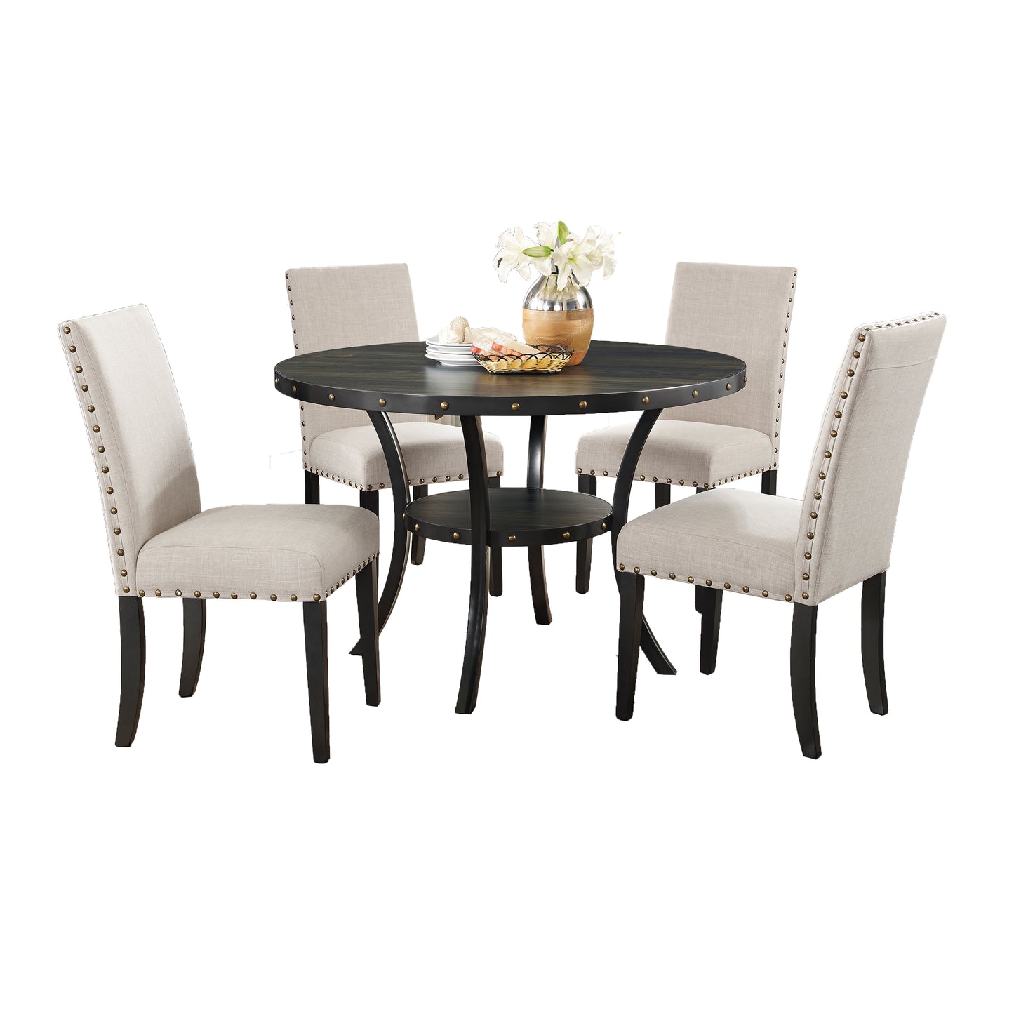 Roundhill Furniture Biony Espresso Wood Dining Set with 4 Fabric Nailhead Chairs
