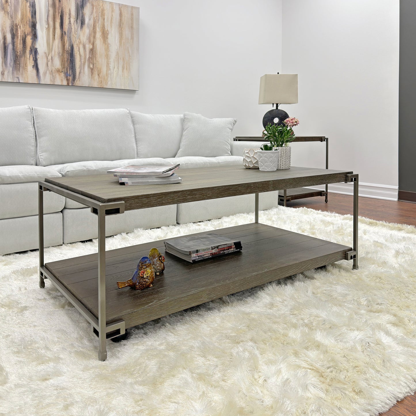 Roundhill Furniture Corbeta Metal Frame Wood Living Room Coffee Table with Casters
