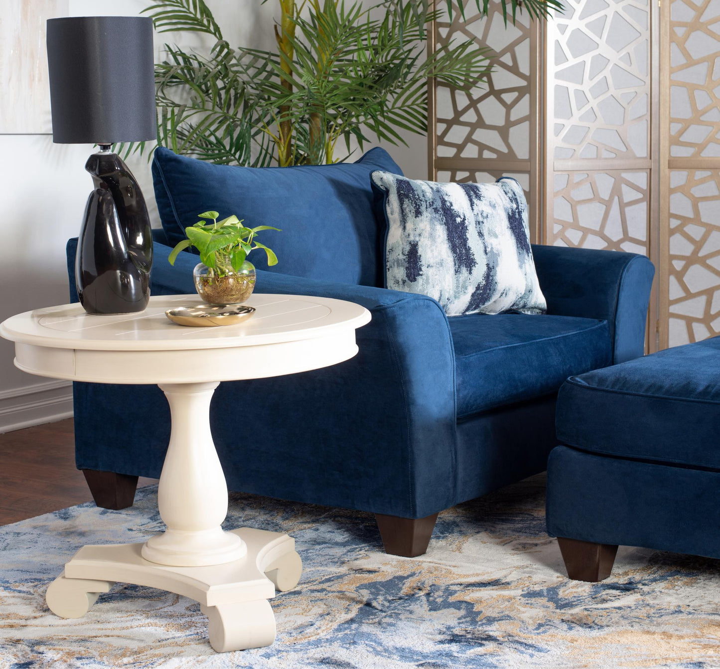 Camero Fabric Pillowback Chair with Ottoman Set in Navy Blue