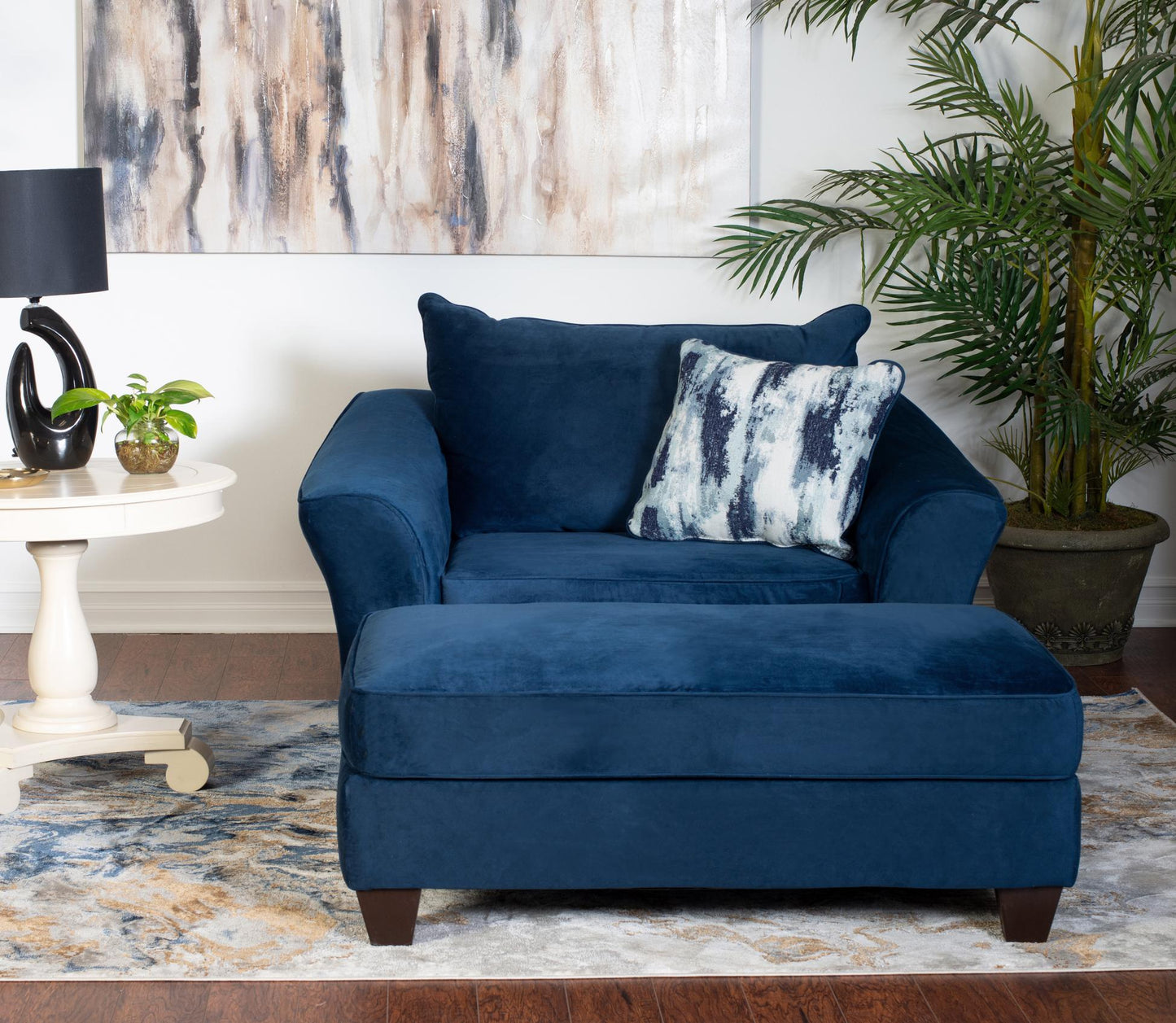 Camero Fabric Pillowback Chair with Ottoman Set in Navy Blue