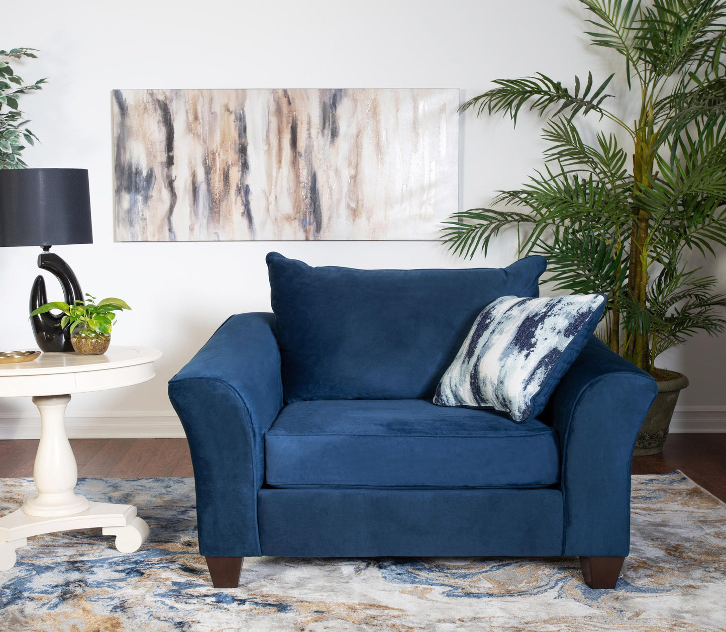 Camero Fabric Pillowback Chair with Ottoman Set in Navy Blue