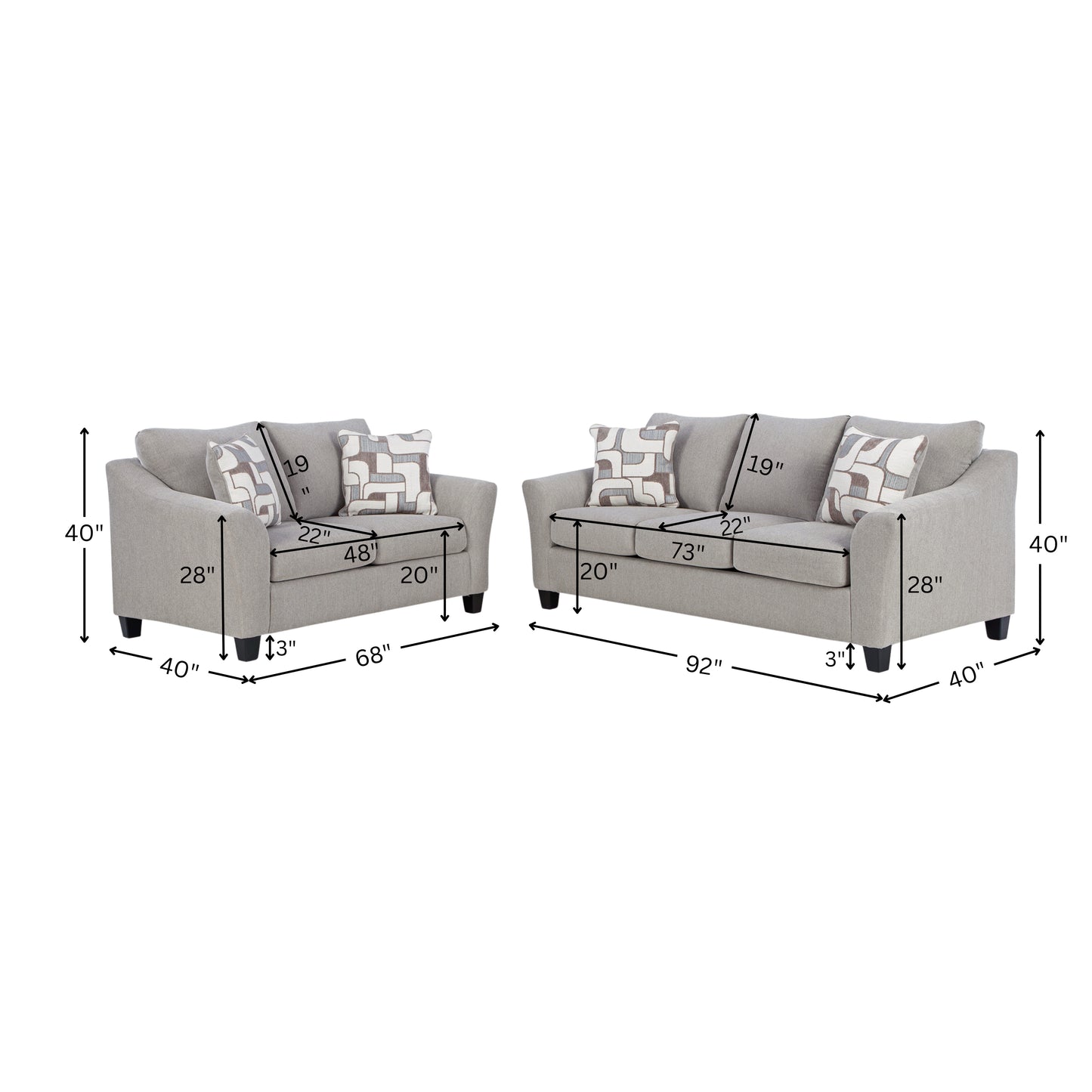 Roundhill Furniture Elaris Living Room Collection Flared Arm Sofa and Loveseat with Chenille Upholstery, Taupe