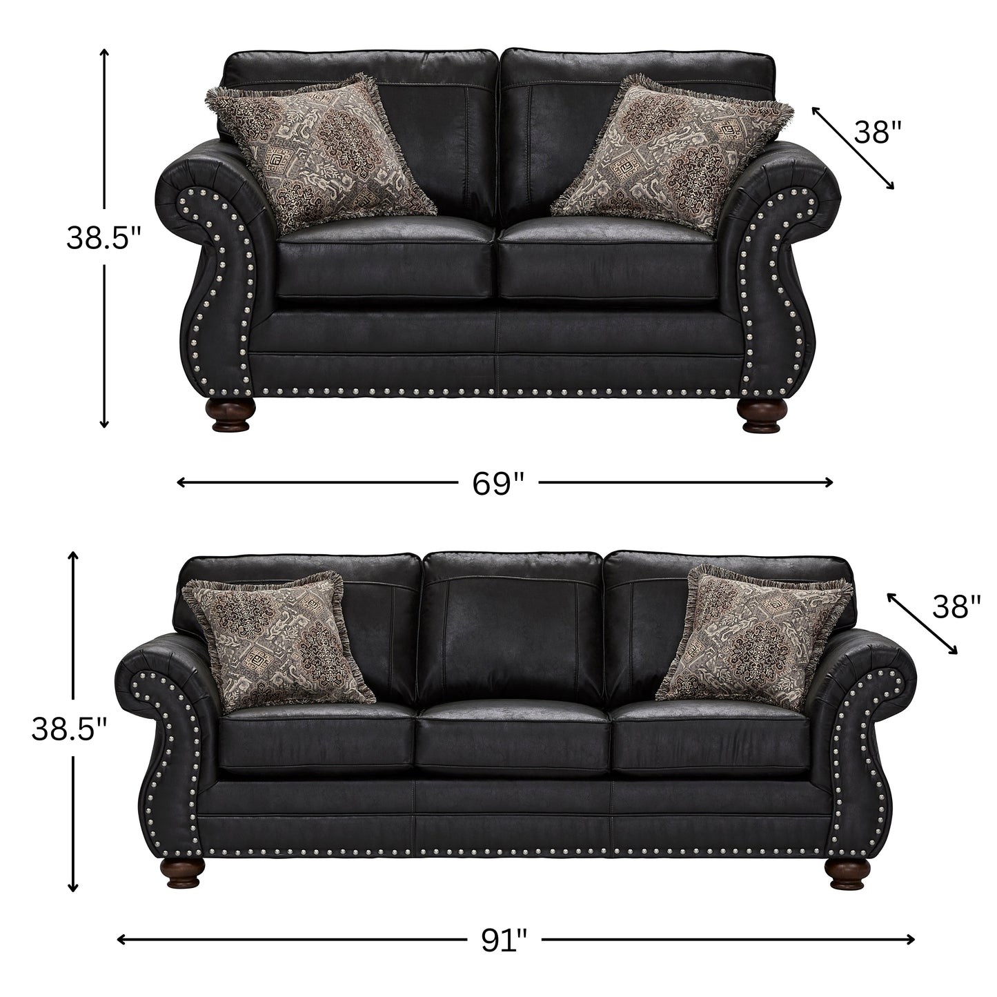 Roundhill Furniture Leinster Living Room Collection, Sofa Loveseat Chair and Ottoman in Black