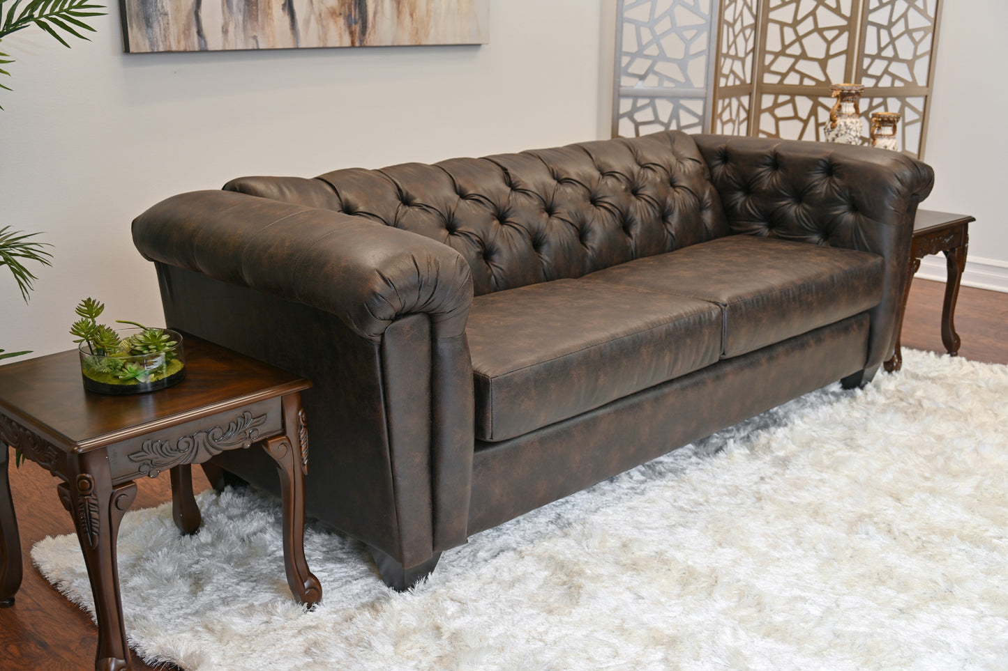Horton Faux Leather Chesterfield Living Room Collection, Brownie