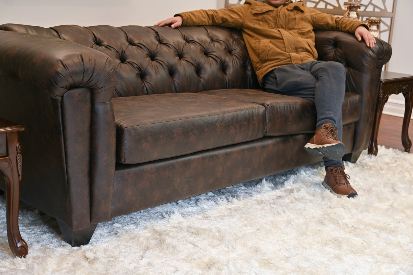 Horton Faux Leather Chesterfield Living Room Collection, Brownie