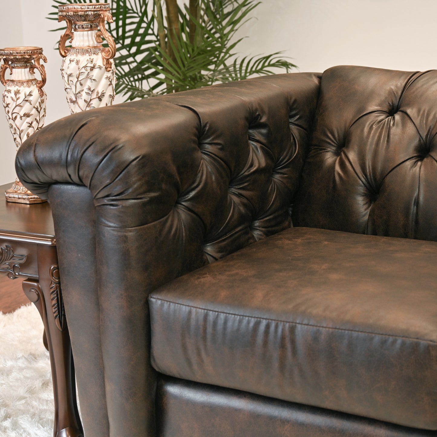 Horton Faux Leather Chesterfield Living Room Collection, Brownie