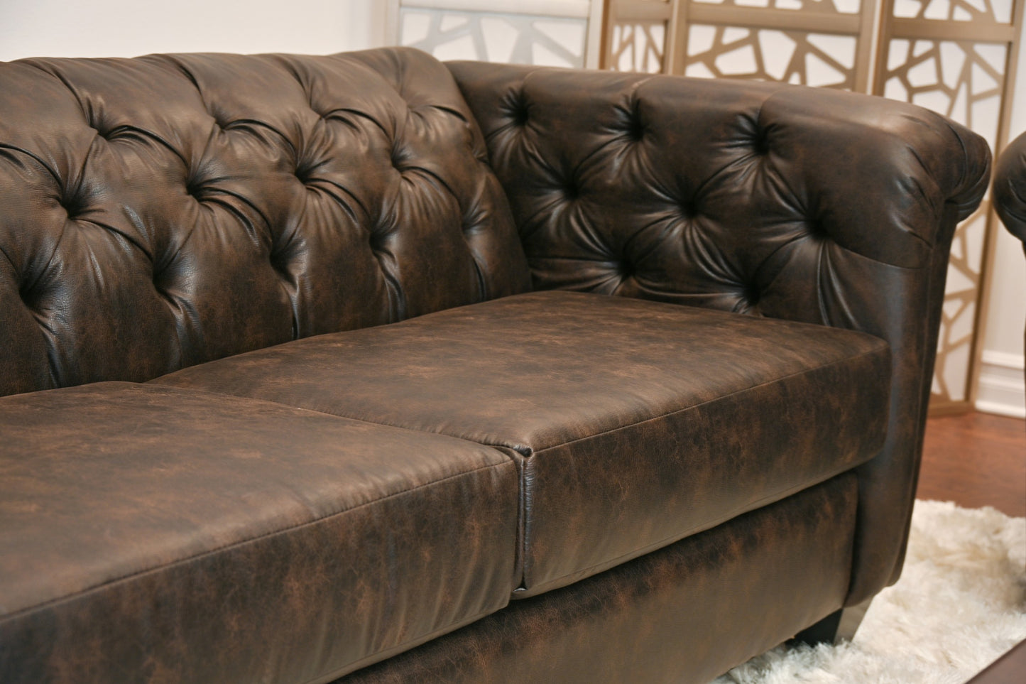 Horton Faux Leather Chesterfield Living Room Collection, Brownie