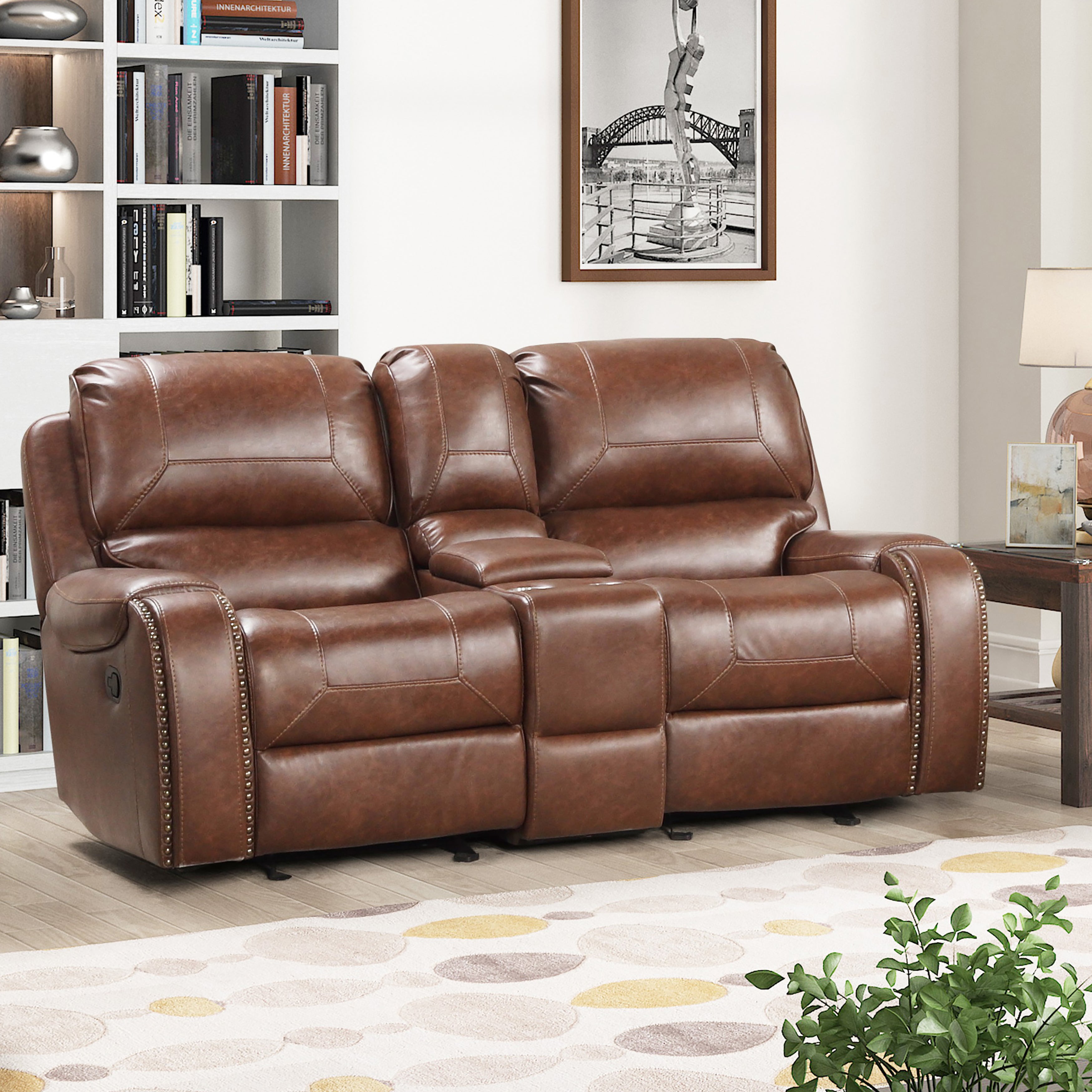 Achern Brown Leather Nailhead Air Reclining Loveseat with Storage