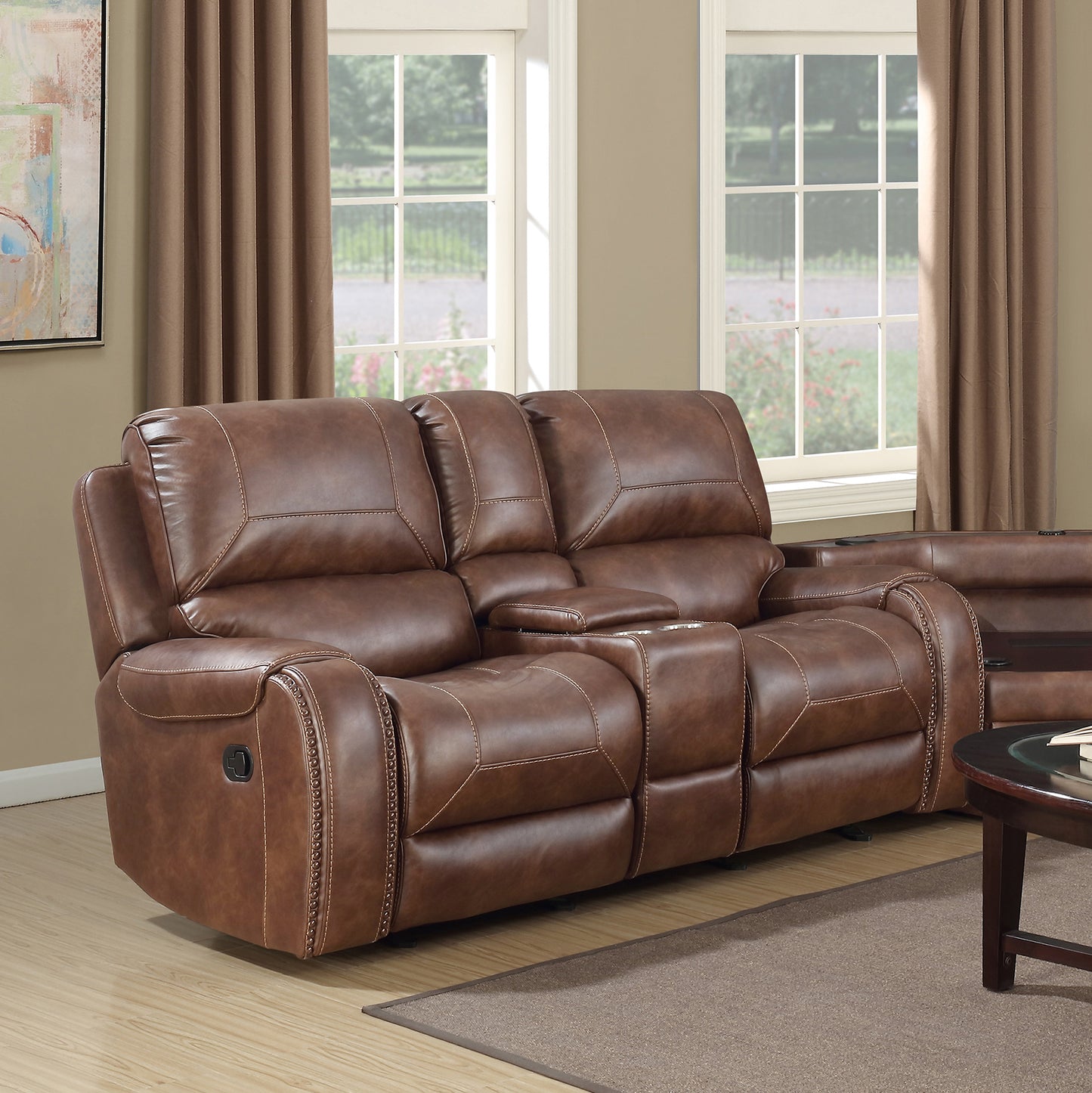 Achern Brown Leather Nailhead Air Reclining Loveseat with Storage Console