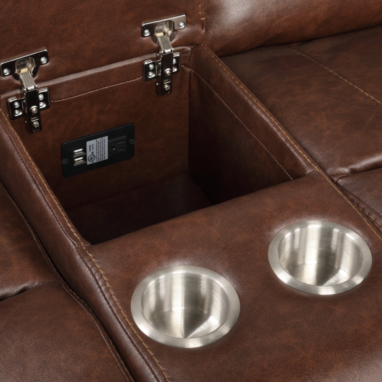 Achern Brown Leather Nailhead Air Reclining Loveseat with Storage Console