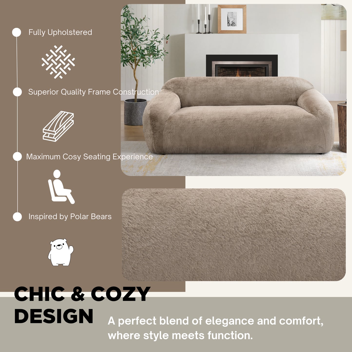 Roundhill Furniture Adell Polar Bear Faux Fur Upholstered Sofa