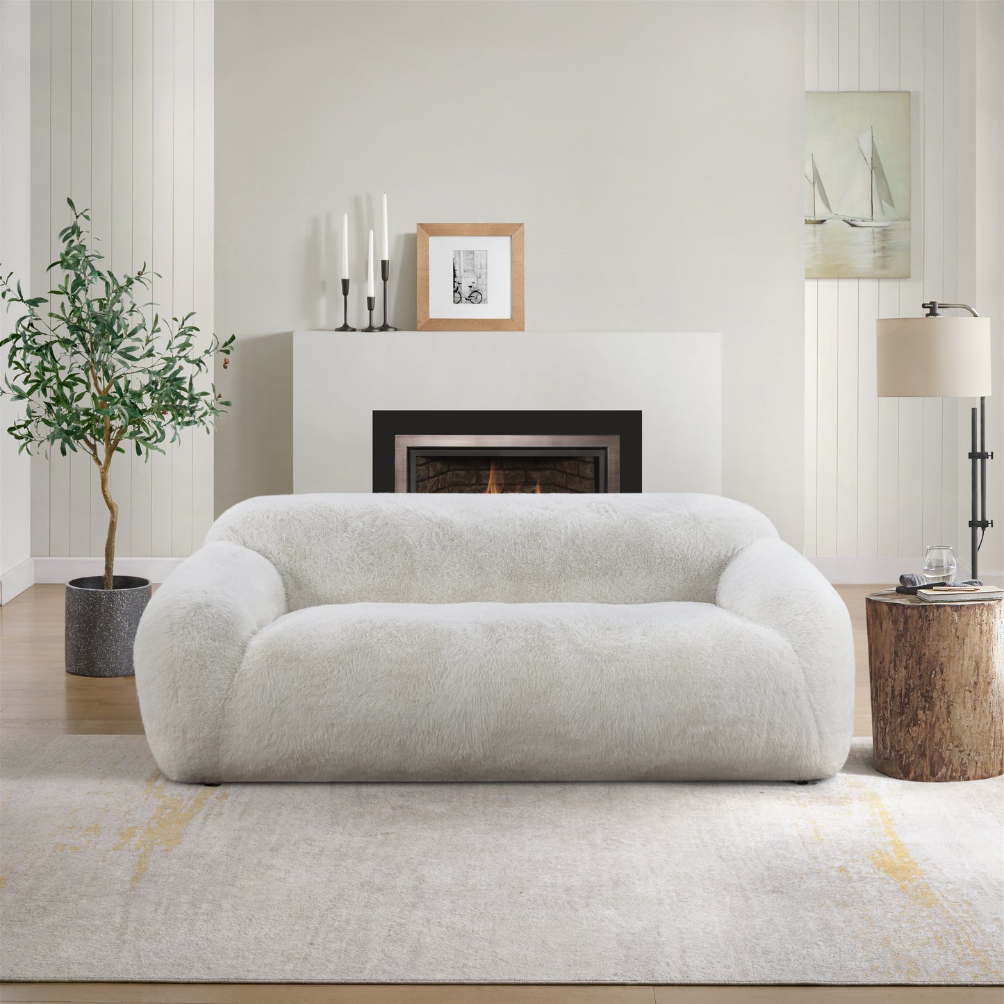 Roundhill Furniture Adell Polar Bear Faux Fur Upholstered Sofa