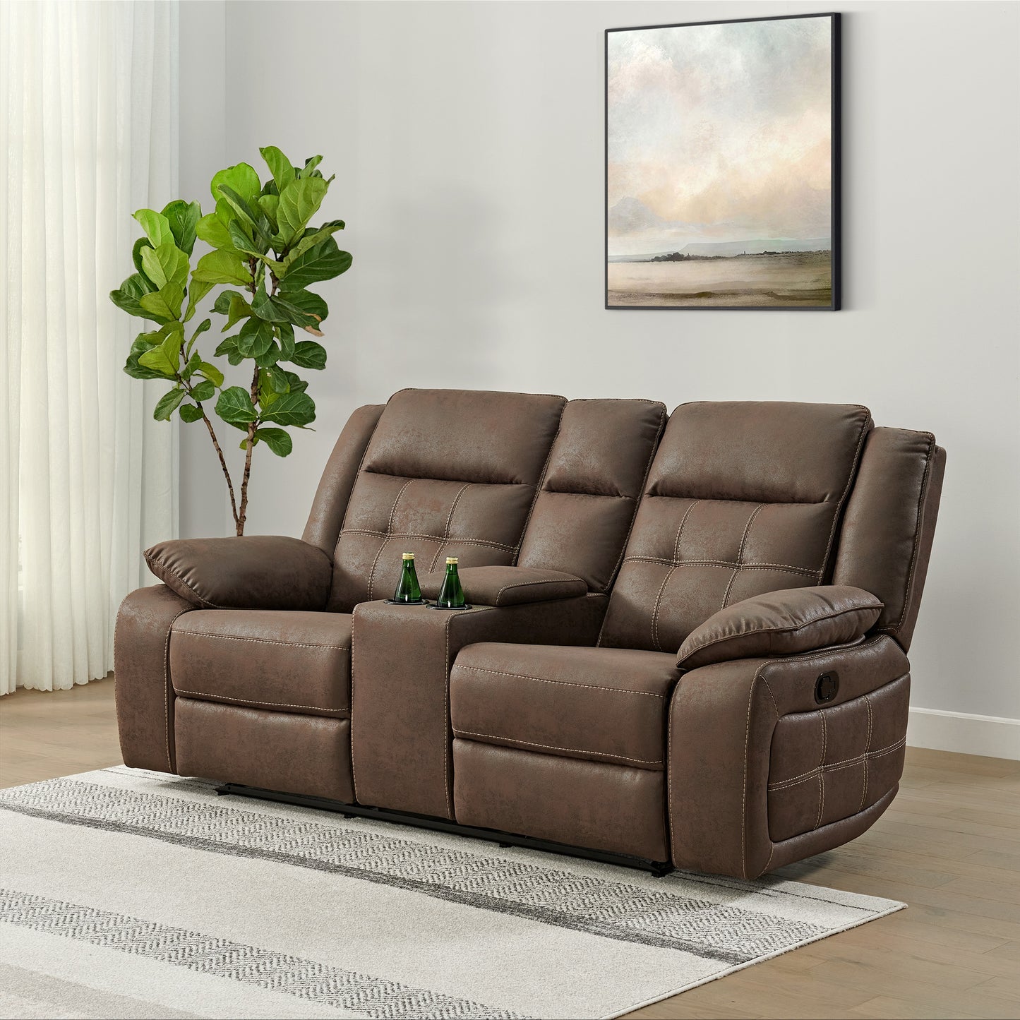 Lesley Transitional Manual Reclining Loveseat, with Cup holders, Brown
