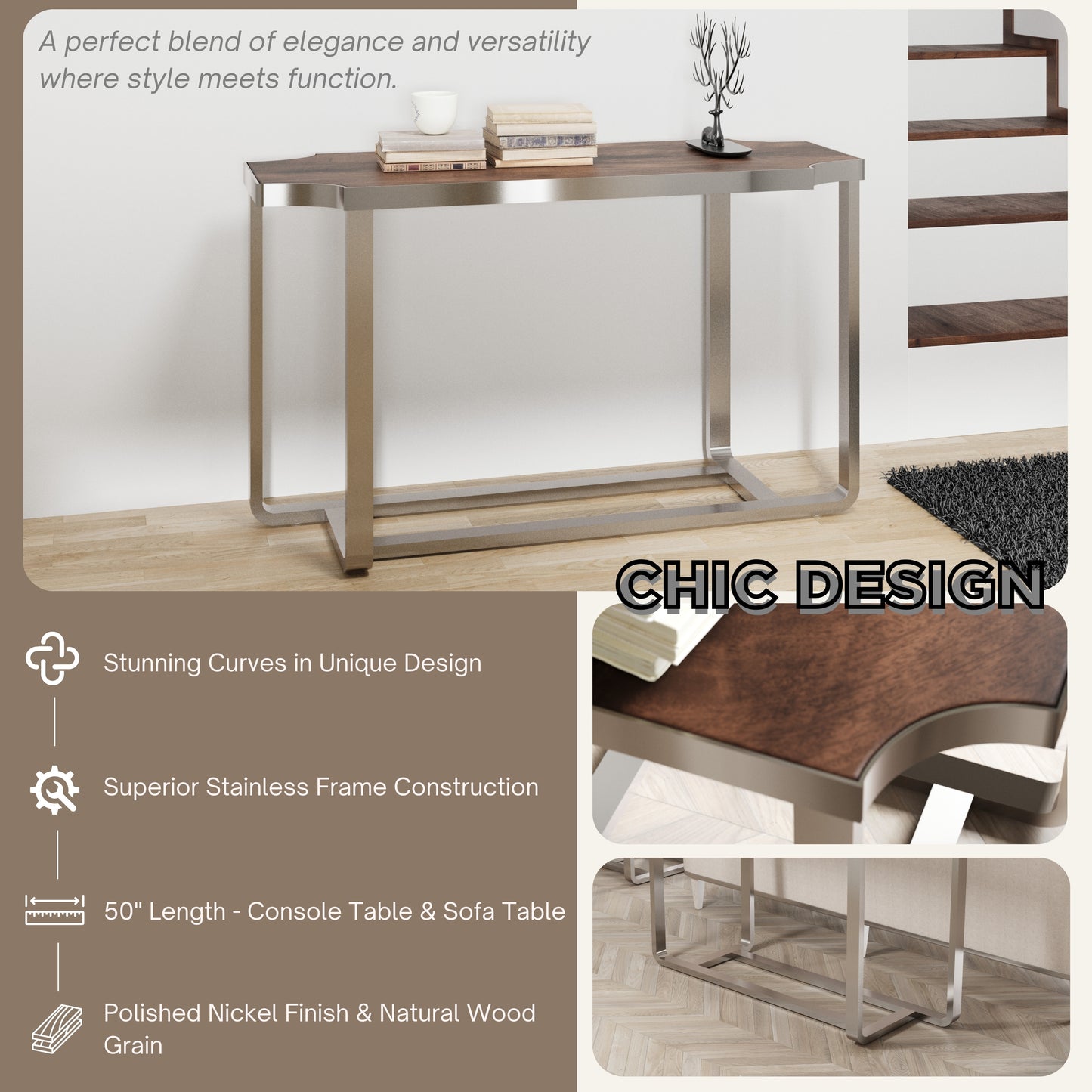 Roundhill Furniture Ruffin 50"W Console Table, Sofa Table, Brown