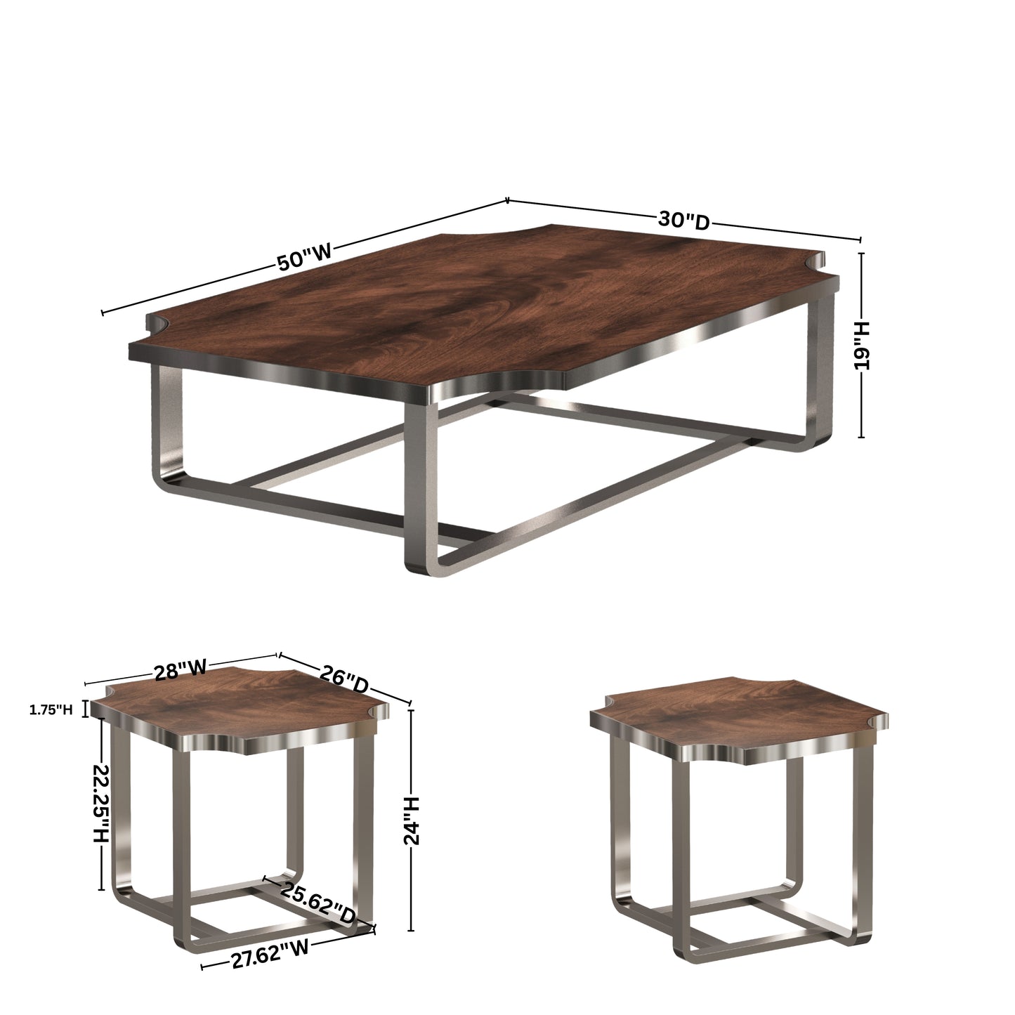 Roundhill Furniture Ruffin 3-Piece Rectangular Coffee Table Set, 50"x30" Coffee Table and Two End Table