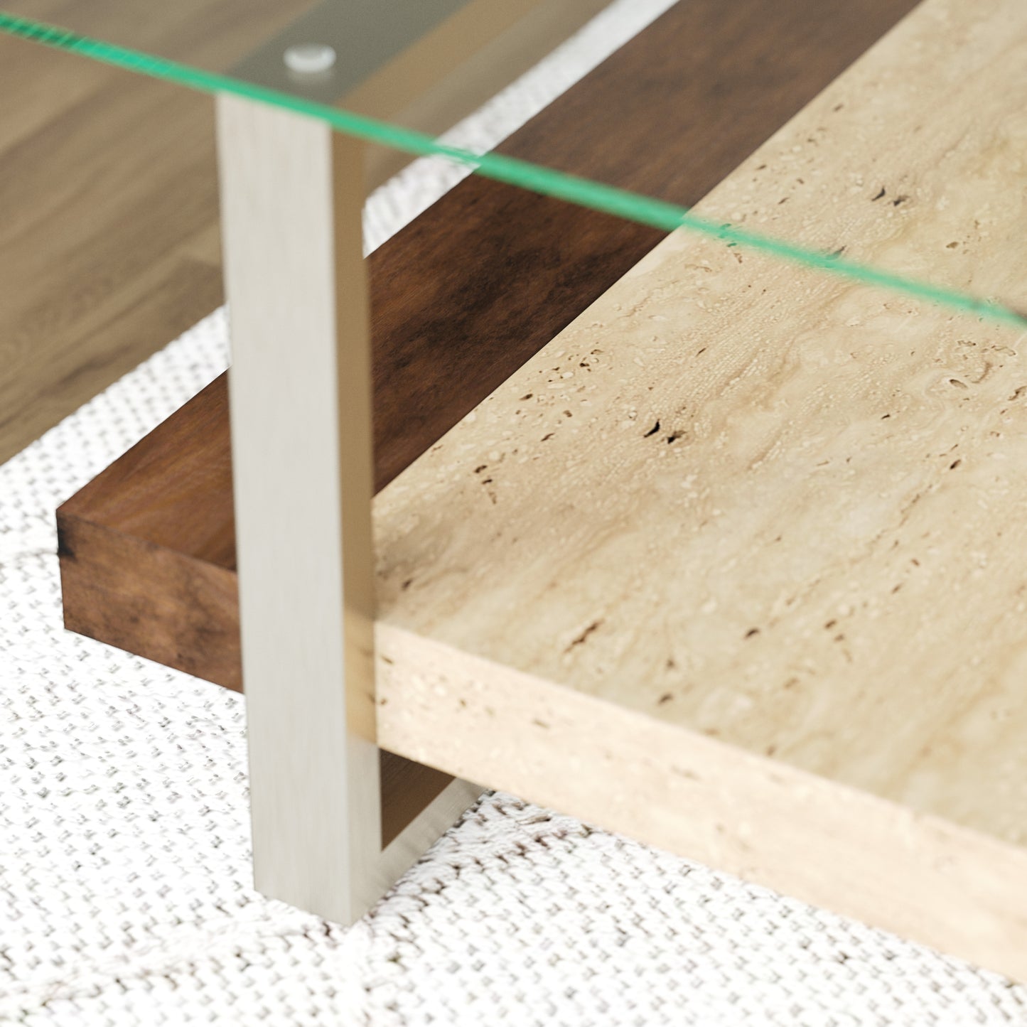 Roundhill Furniture Andes Glass Square Coffee Table with Marble Shelf, Polished Nickel Finish