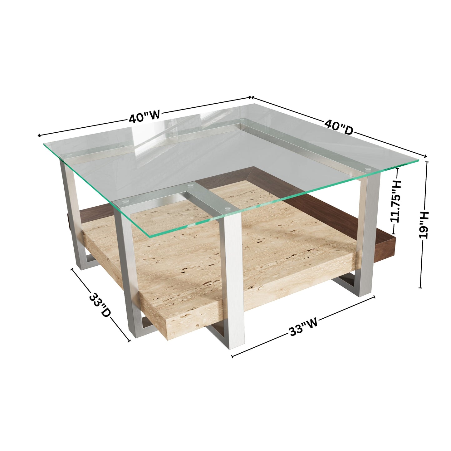 Roundhill Furniture Andes Glass Square Coffee Table with Marble Shelf, Polished Nickel Finish