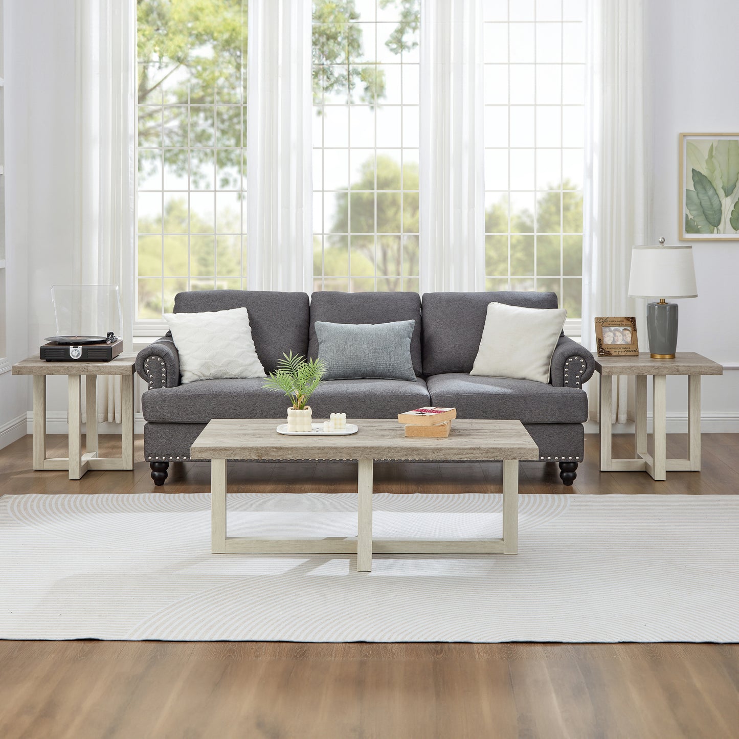 Roundhill Furniture Luno 3-Piece Coffee Table Set, Coffee Table and Two End Tables