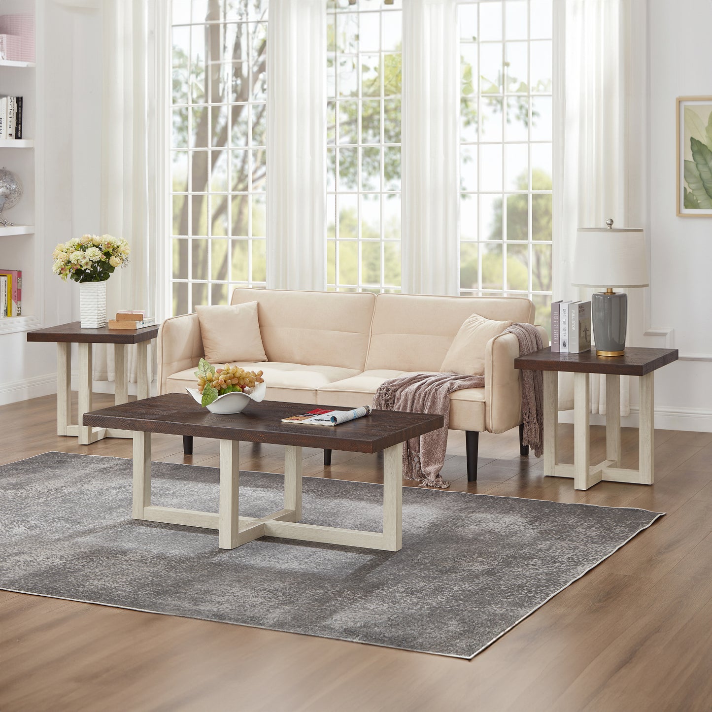 Roundhill Furniture Luno 3-Piece Coffee Table Set, Coffee Table and Two End Tables