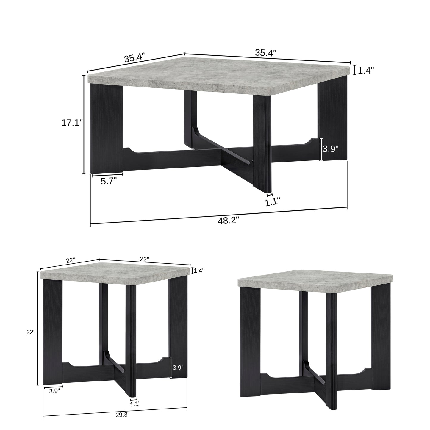 Roundhill Furniture Levitus Modern 3-Piece Square Coffee Table Set, Faux Concrete Tabletop with Black Wood Grain Finish