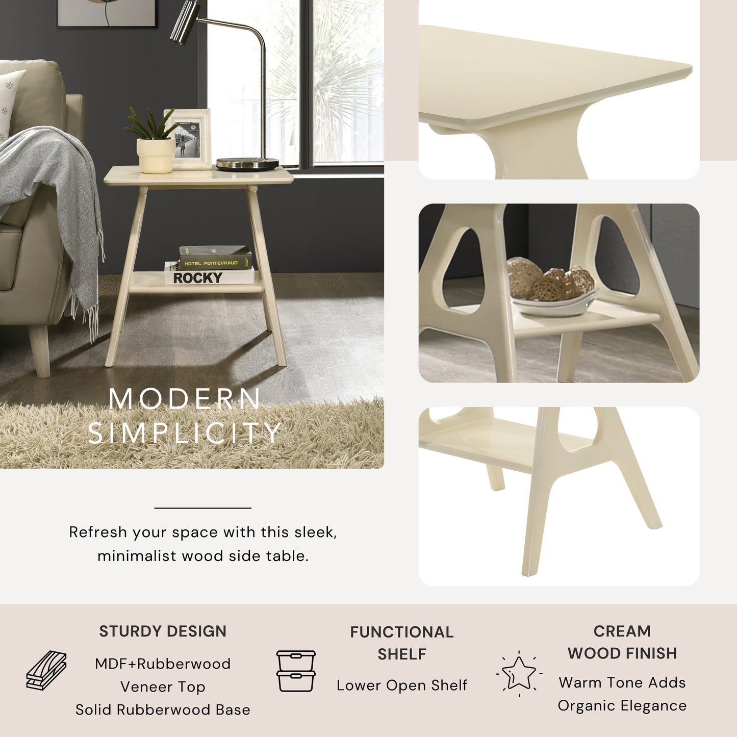 Roundhill Furniture Arona Mid-Century Modern Wood Shelf End Table