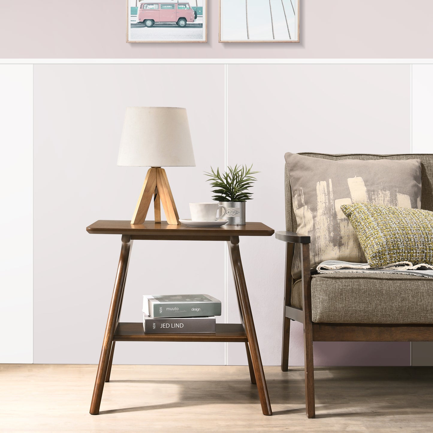 Roundhill Furniture Arona Mid-Century Modern Wood Shelf End Table