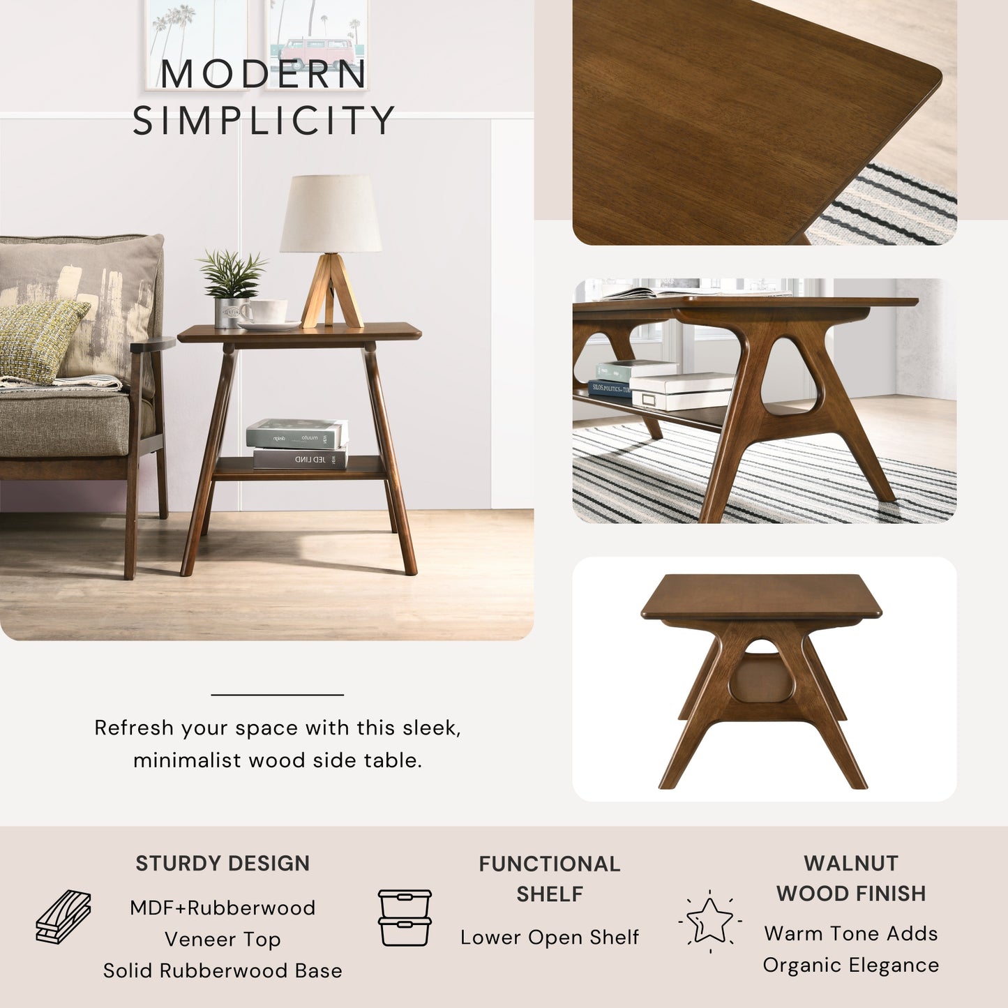Roundhill Furniture Arona Mid-Century Modern Wood Shelf End Table
