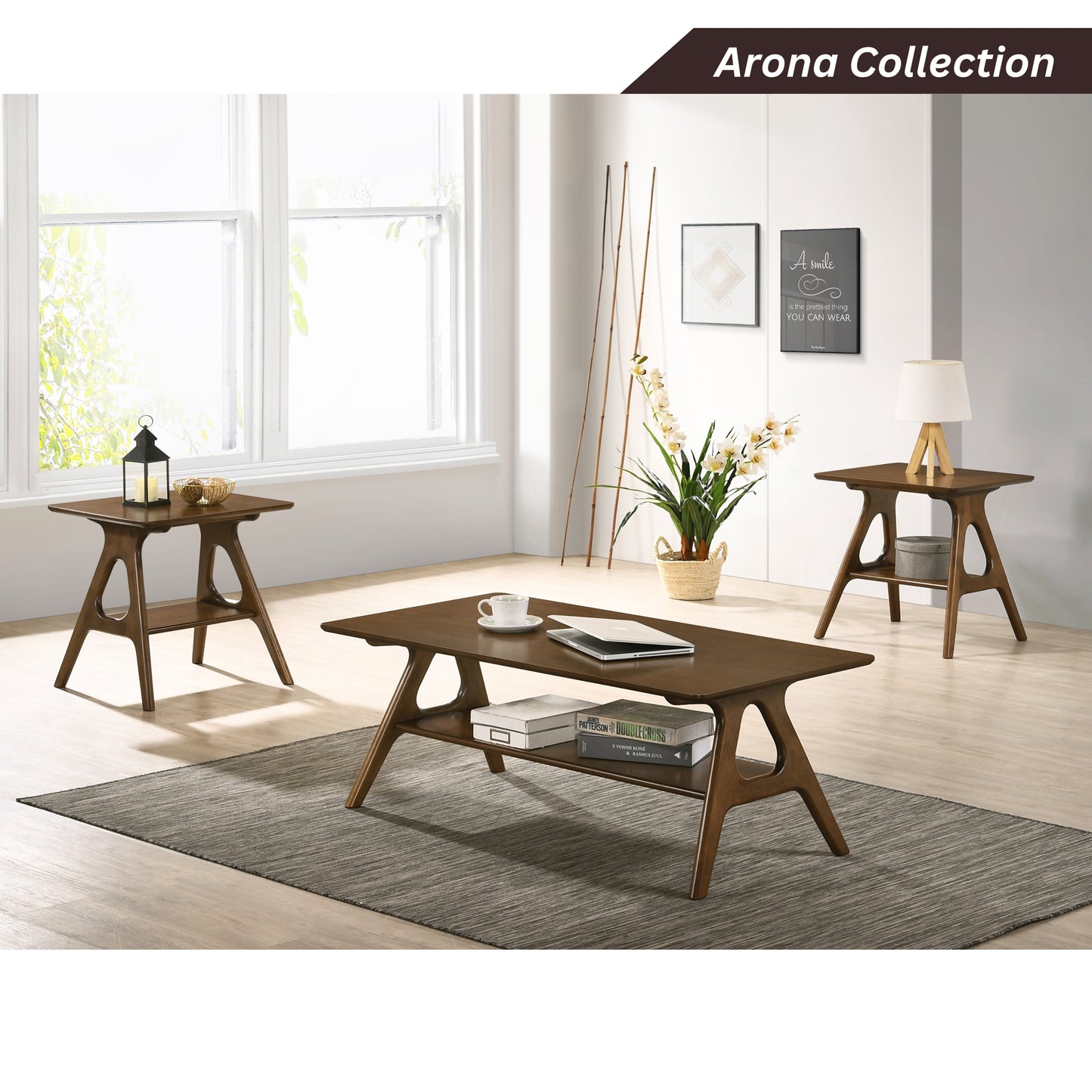 Roundhill Furniture Arona Mid-Century Modern Wood Shelf End Table