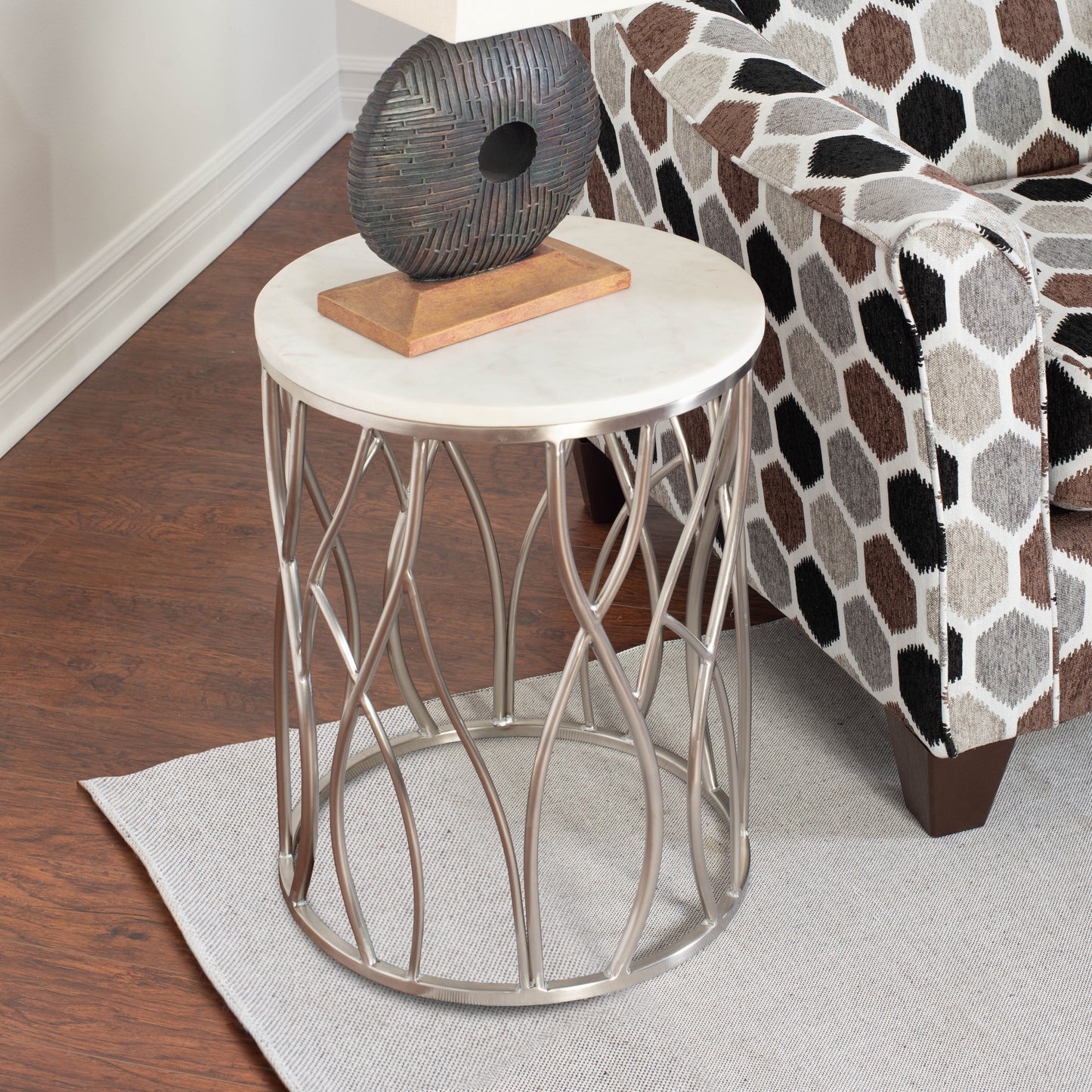 Roundhill Furniture Kameral Round Marble End Table with Stainless Steel Base