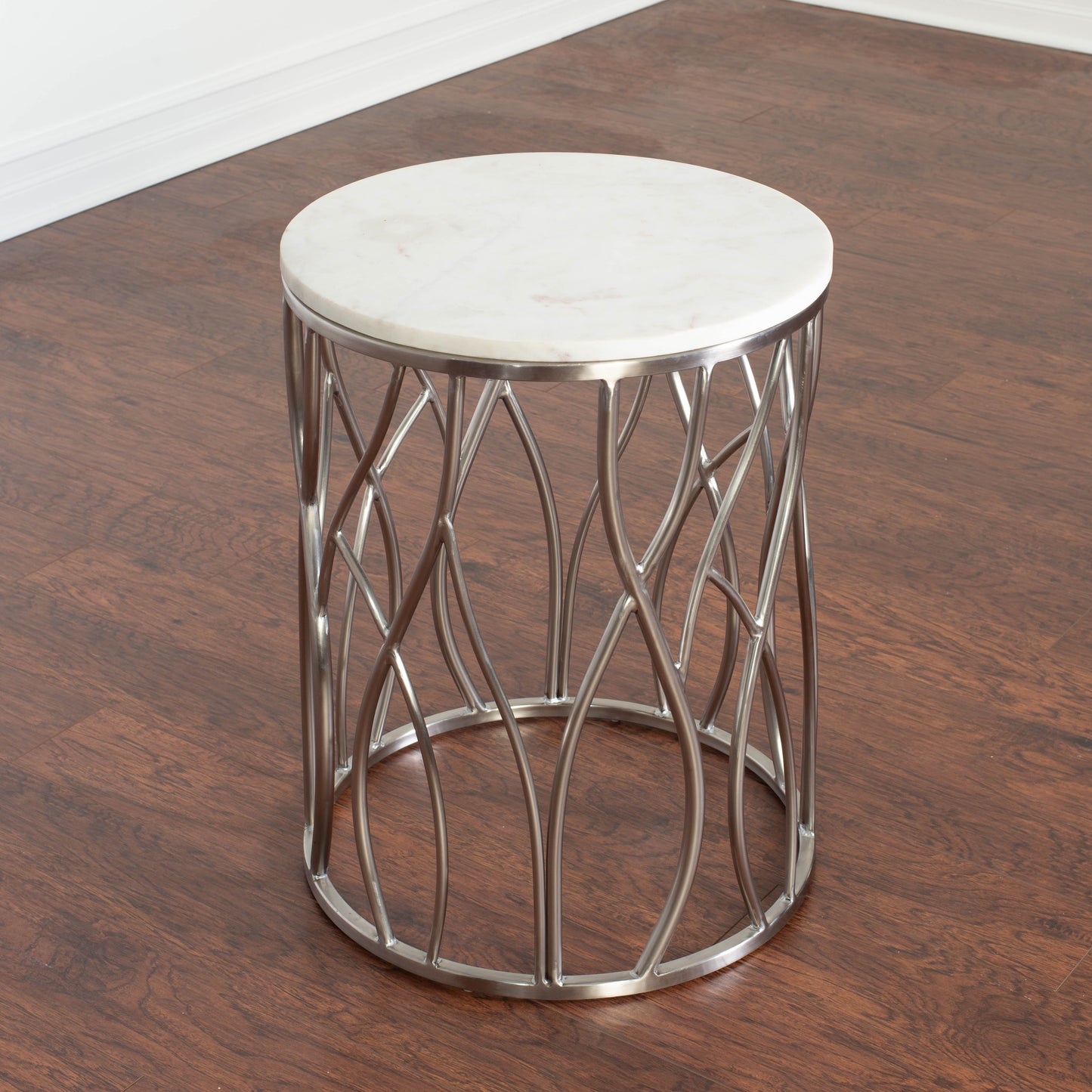 Roundhill Furniture Kameral Round Marble End Table with Stainless Steel Base