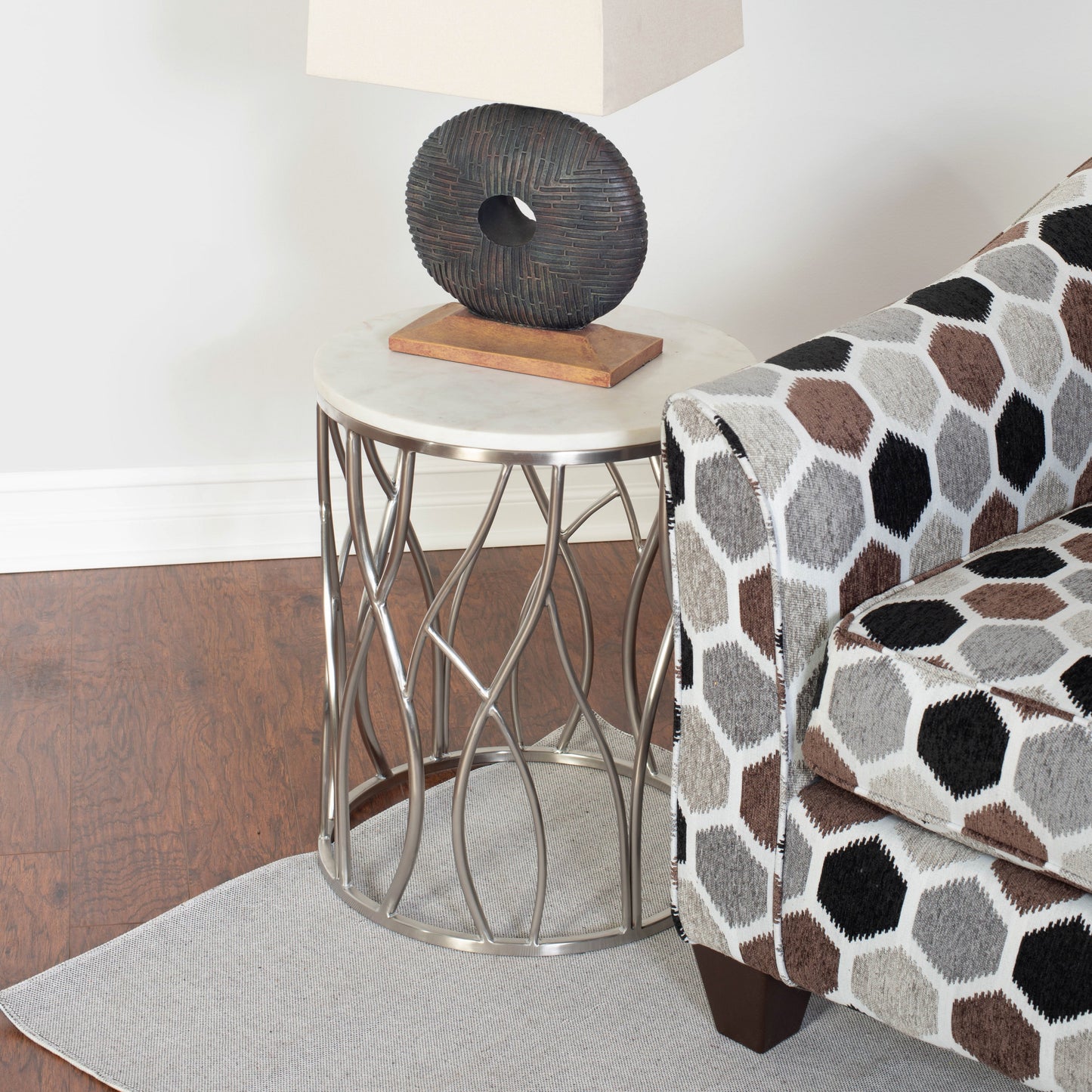 Roundhill Furniture Kameral Round Marble End Table with Stainless Steel Base