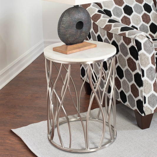 Roundhill Furniture Kameral Round Marble End Table with Stainless Steel Base