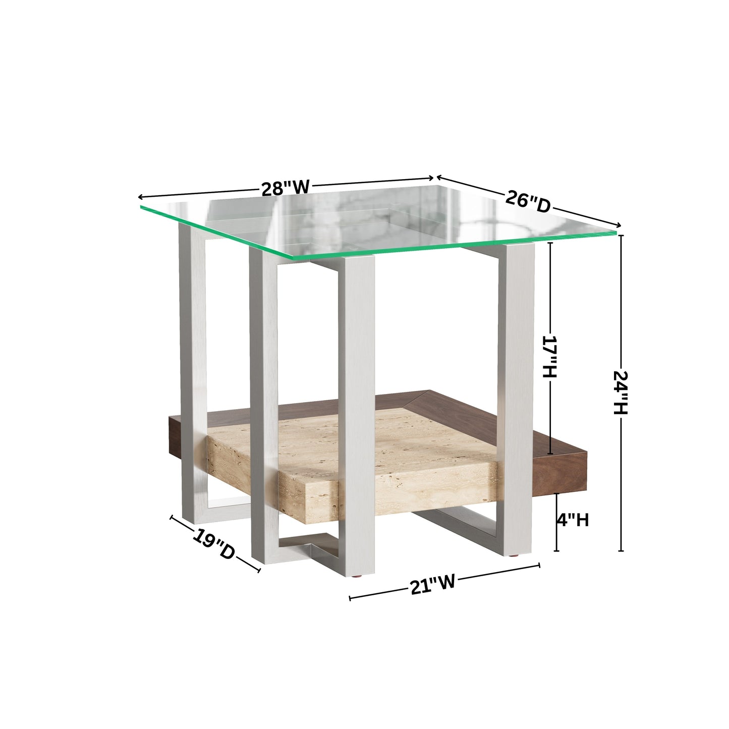Roundhill Furniture Andes Glass End Table with Marble Shelf, Polished Nickel Finish