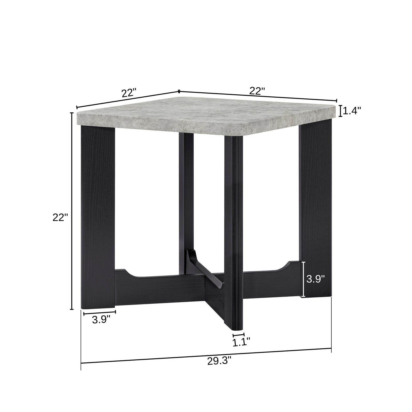 Roundhill Furniture Levitus Modern Square End Table, Faux Concrete Tabletop with Black Wood Grain Finish