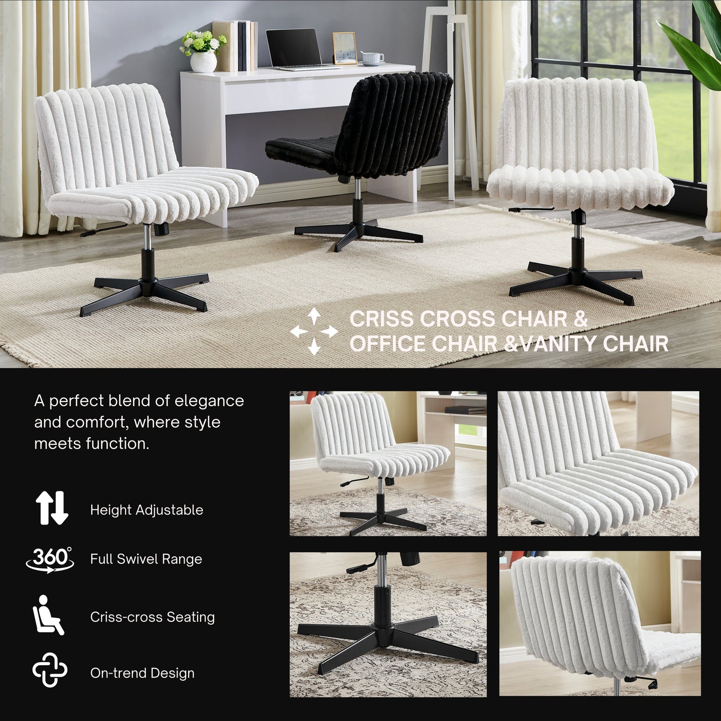 Roundhill Blynn Adjustable Swivel Criss Cross Chair, Wide Seat Office Chair Vanity Chair