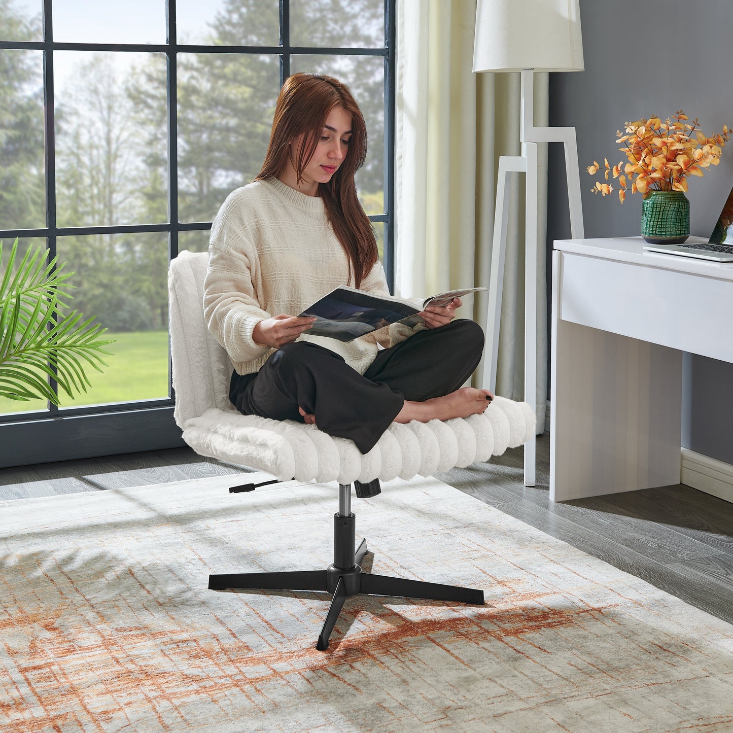 Roundhill Blynn Adjustable Swivel Criss Cross Chair, Wide Seat Office Chair Vanity Chair