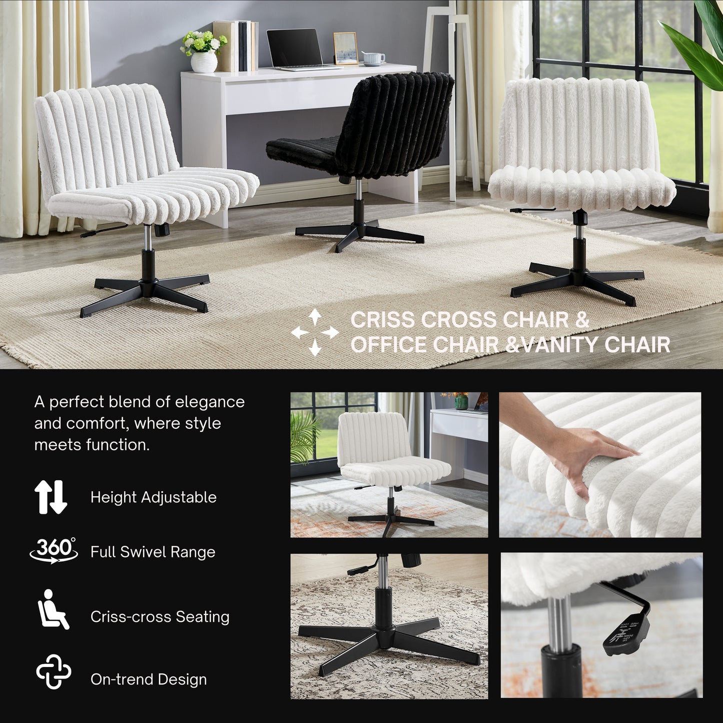 Roundhill Blynn Adjustable Swivel Criss Cross Chair, Wide Seat Office Chair Vanity Chair