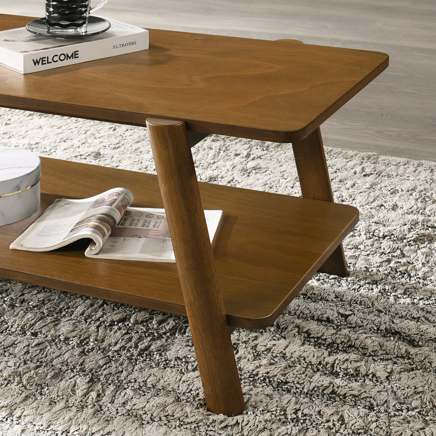 Metz Mid-Century Modern Wood Shelf 3-Piece Coffee Table Set, Walnut Finish