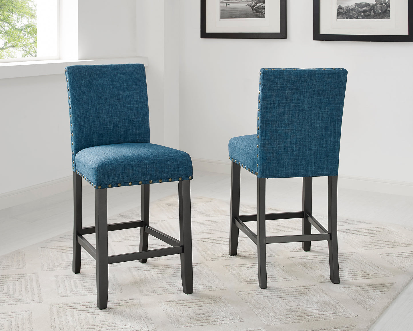 Biony Espresso Wood Counter Height Dining Set with Blue Fabric Nailhead Stools