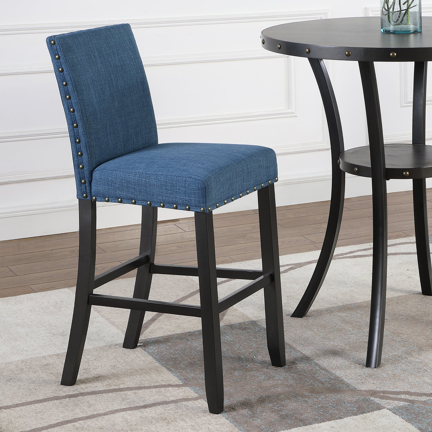 Biony 3-Piece 36" Round Espresso Finish Bar Table with 2 Blue Fabric Nail Head Pub Chairs