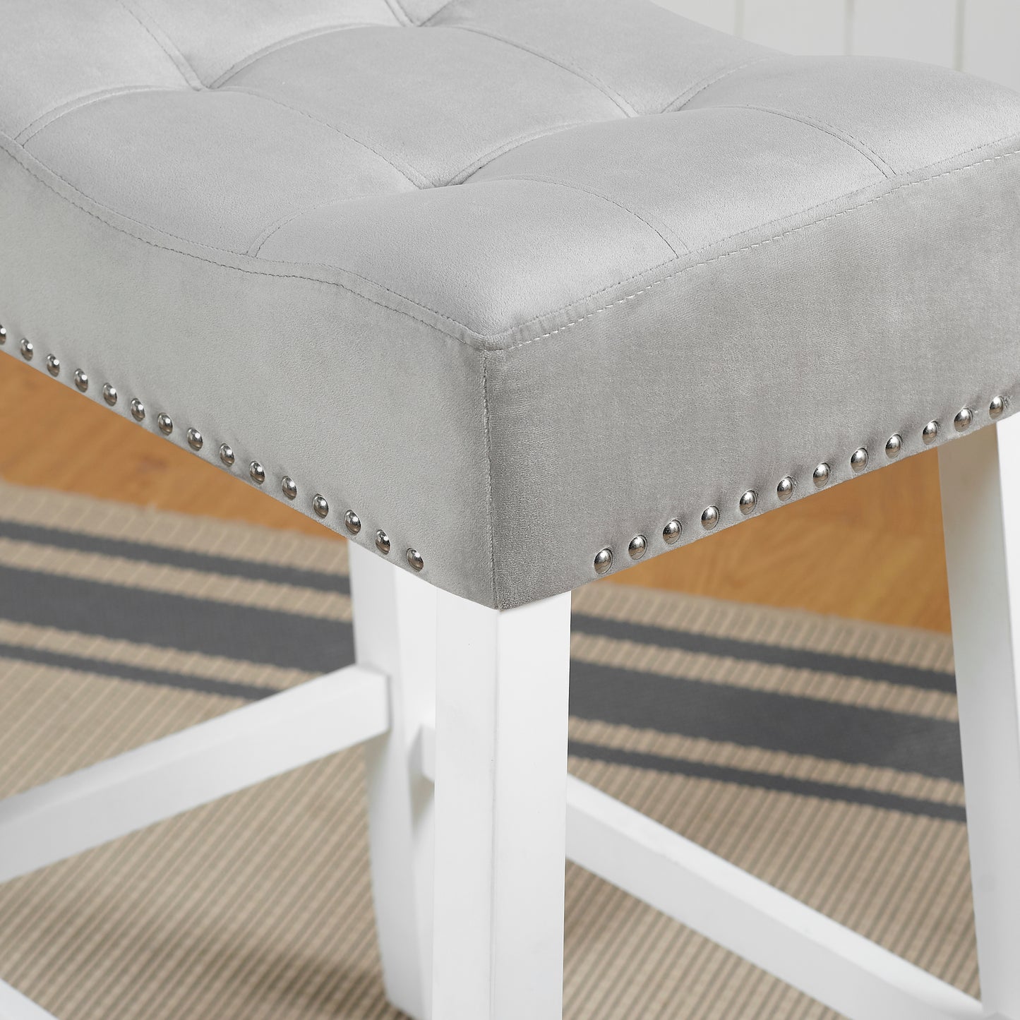 Roundhill Furniture Morovo Set of 2 Velvet Counter Height Stools with Tufted Saddle Seats, White-Wash Finish, Gray