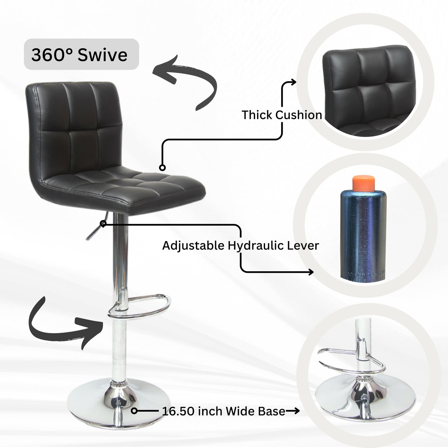 Swivel Faux Leather Adjustable Hydraulic Bar Stool - Set of 2 Black