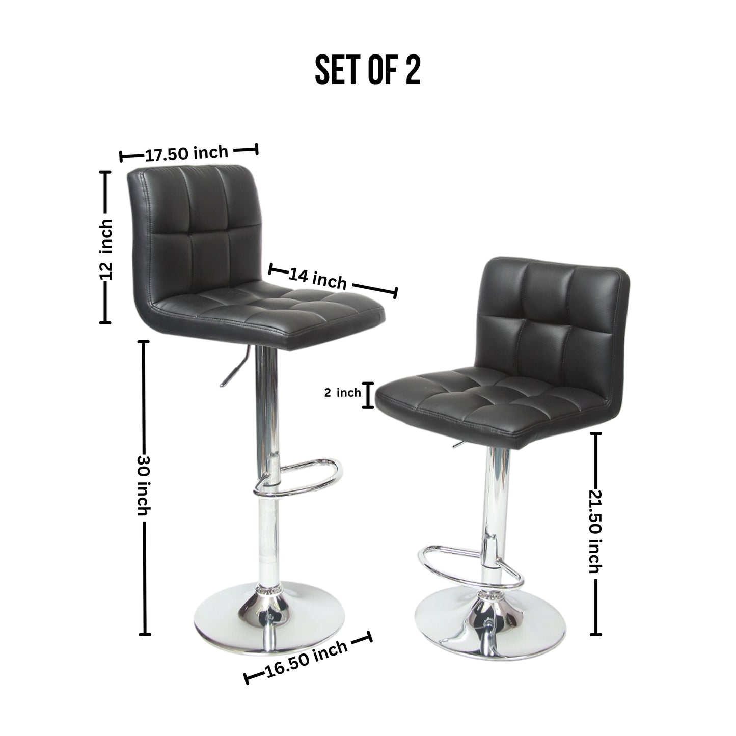 Swivel Faux Leather Adjustable Hydraulic Bar Stool - Set of 2 Black