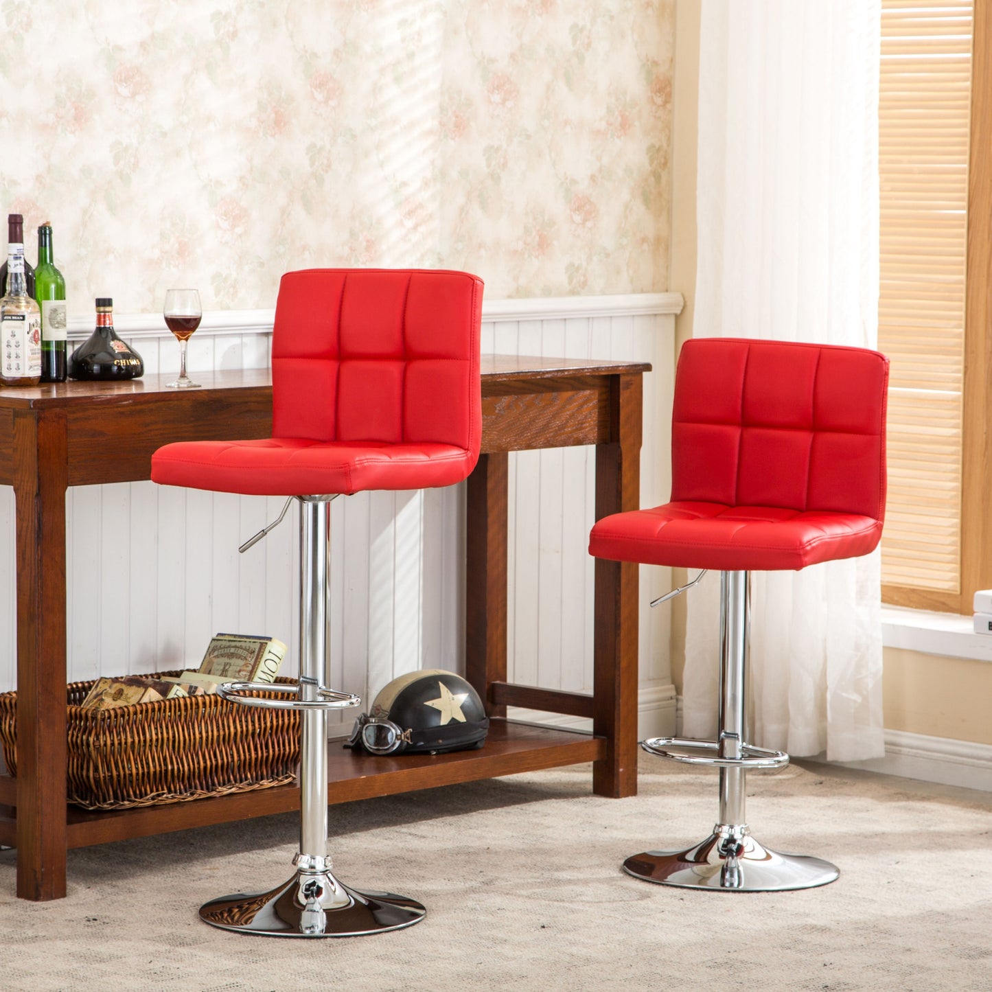 Swivel Faux Leather Adjustable Hydraulic Bar Stool - Set of 2 Red