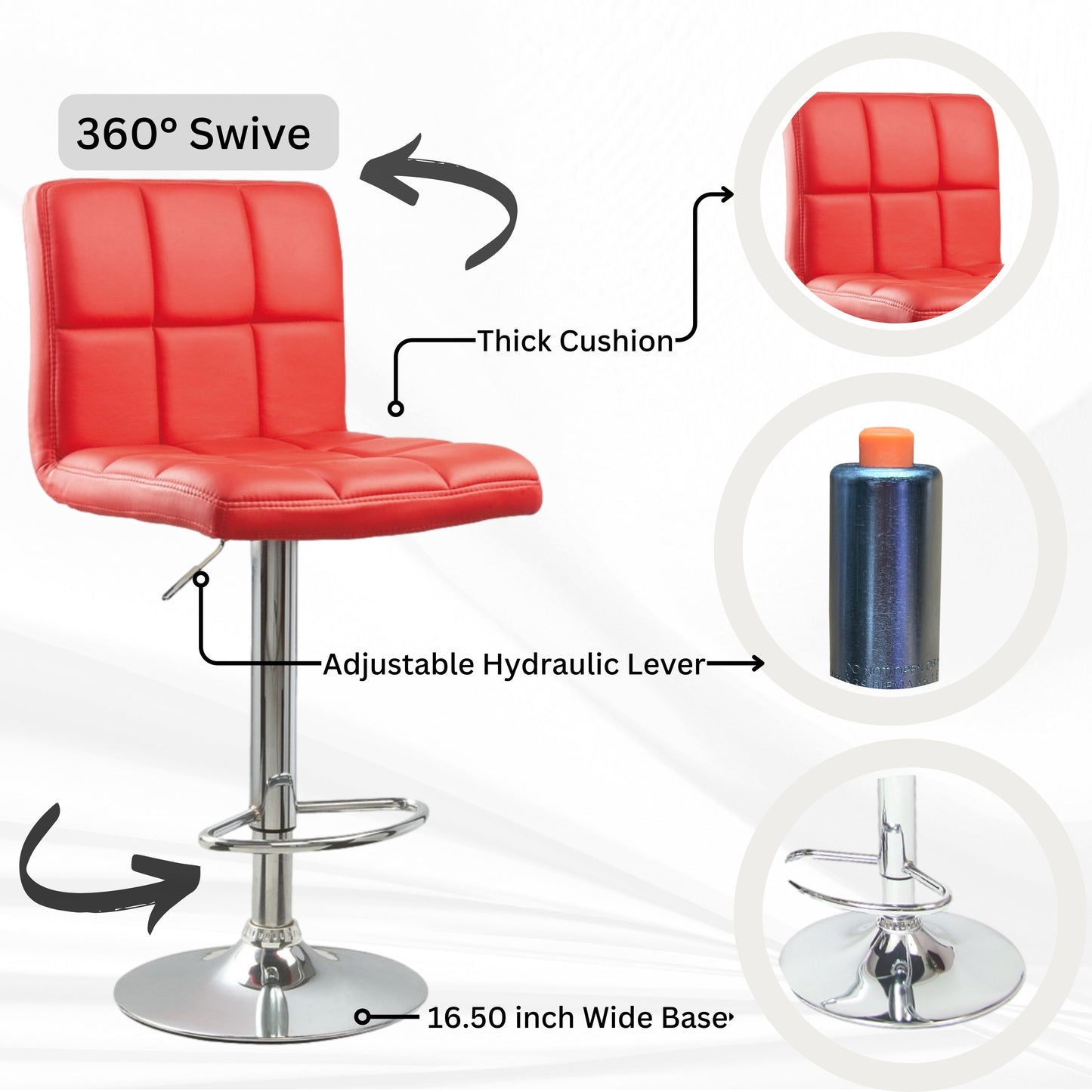 Swivel Faux Leather Adjustable Hydraulic Bar Stool - Set of 2 Red