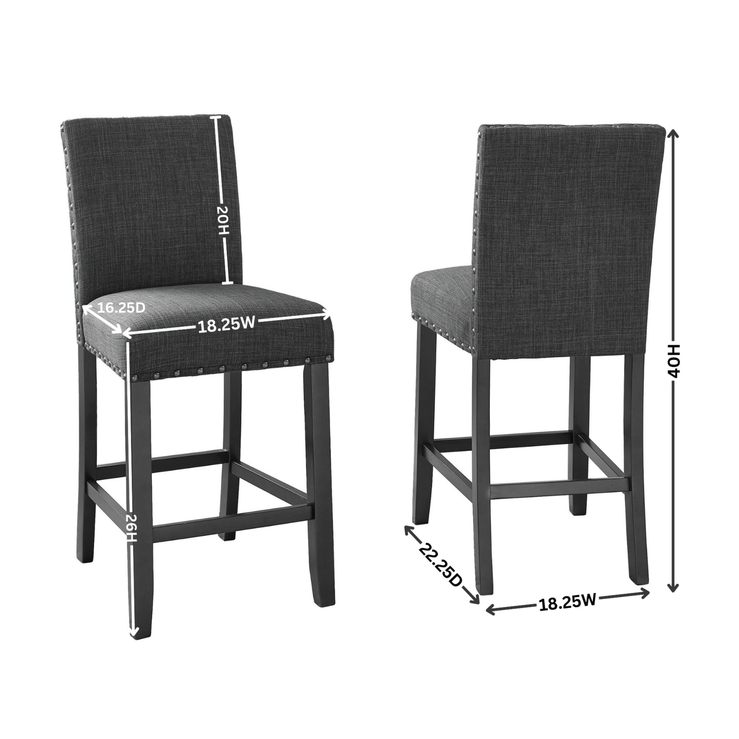 Biony Gray Fabric Counter Height Stools with Nailhead Trim, Set of 2