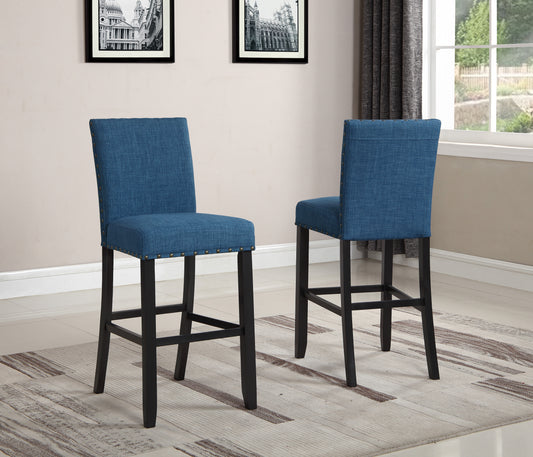 Biony Blue Fabric Bar Stools with Nailhead Trim, Set of 2
