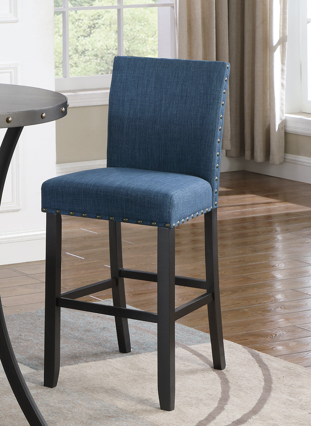 Biony Blue Fabric Bar Stools with Nailhead Trim, Set of 2