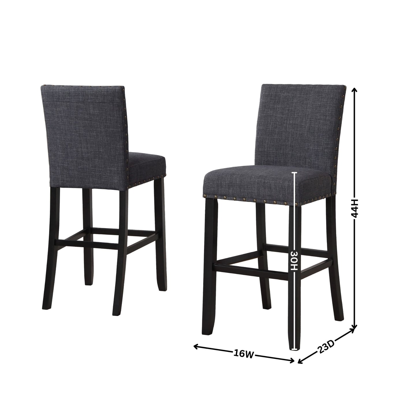 Biony Gray Fabric Bar Stools with Nailhead Trim, Set of 2